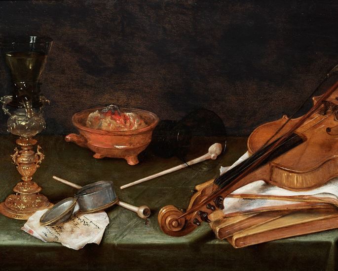 Pieter Claesz - Still Life with Smoking Implements, a gilt Glass Holder, a Violin and a pile of Books: The Five Senses.  | MasterArt